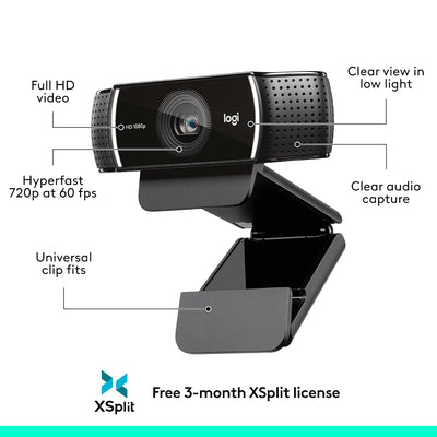 كاميرا ويب Logitech C922 HD Pro Stream - 1080 بكسل / 30 إطارًا في الثانية / USB 2.0 / أسود - كاميرا ويب