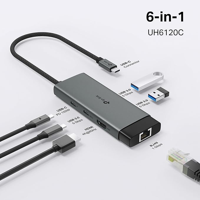 موزع TP-LINK UH6120C USB Type-C بستة منافذ - HDMI/RJ45/PD/USB Type-C/USB Type-A