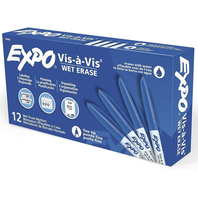 Expo Vis-A-Vis Wet Erase Markers, Fine Point, Blue, 12 Count
