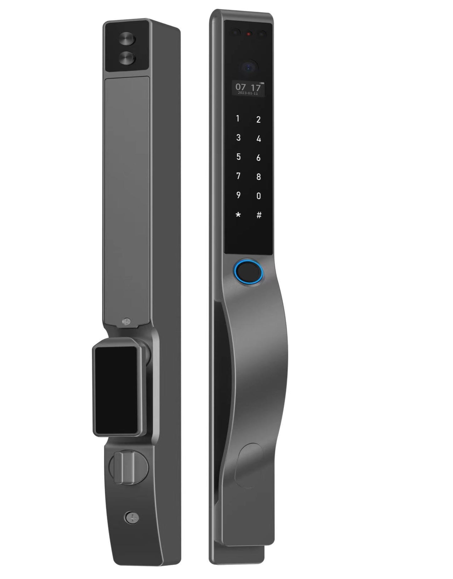 Smart door lock with digital keypad and touchpad on a white background