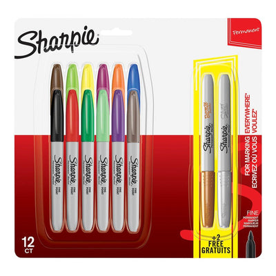 Sharpie Permanent Marker Fine Point 12 Set + 2 Metallic