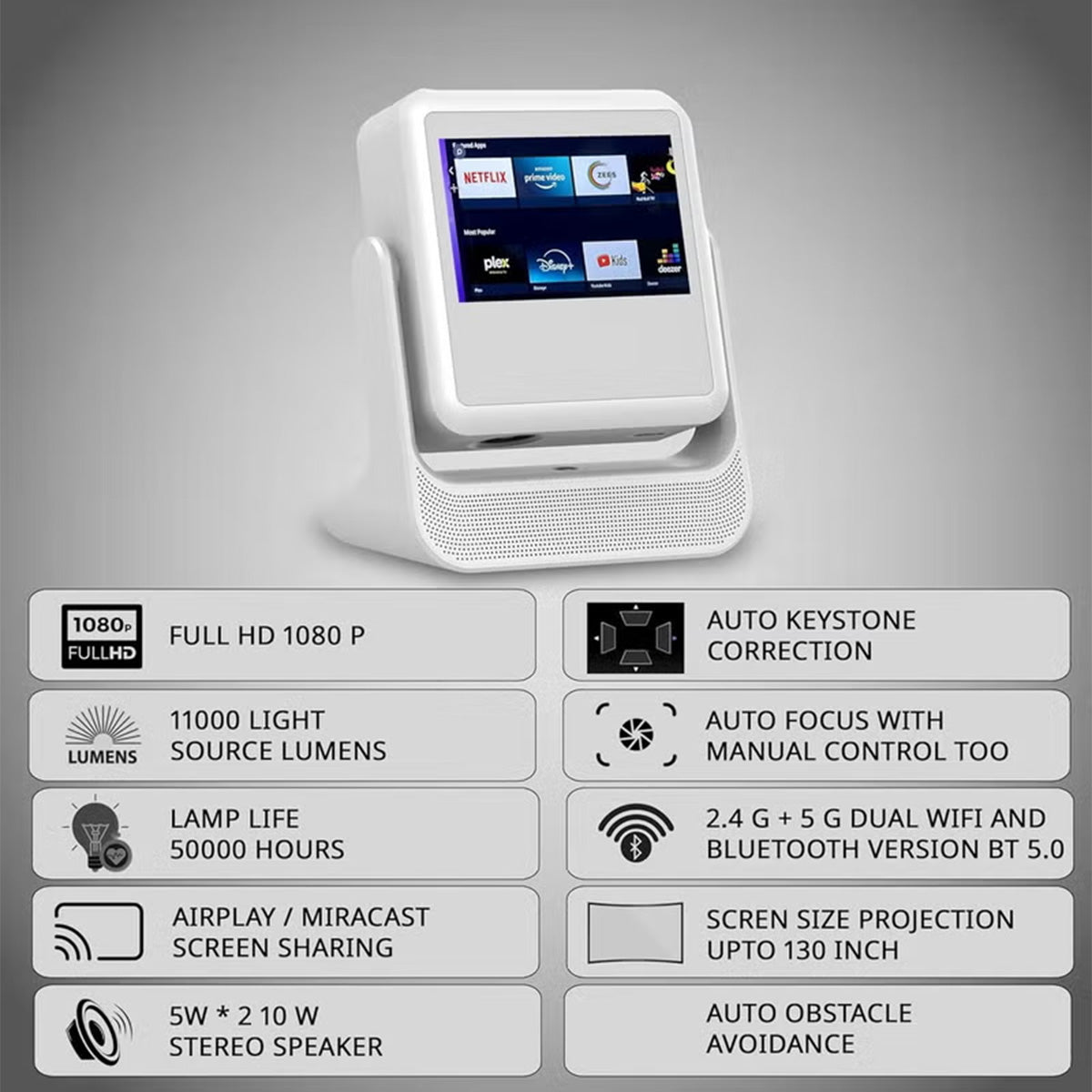 Smart TouchPlay Full HD 1080p Smart Projector with Auto Focus, Auto Screen Fit & Obstacle Avoidance