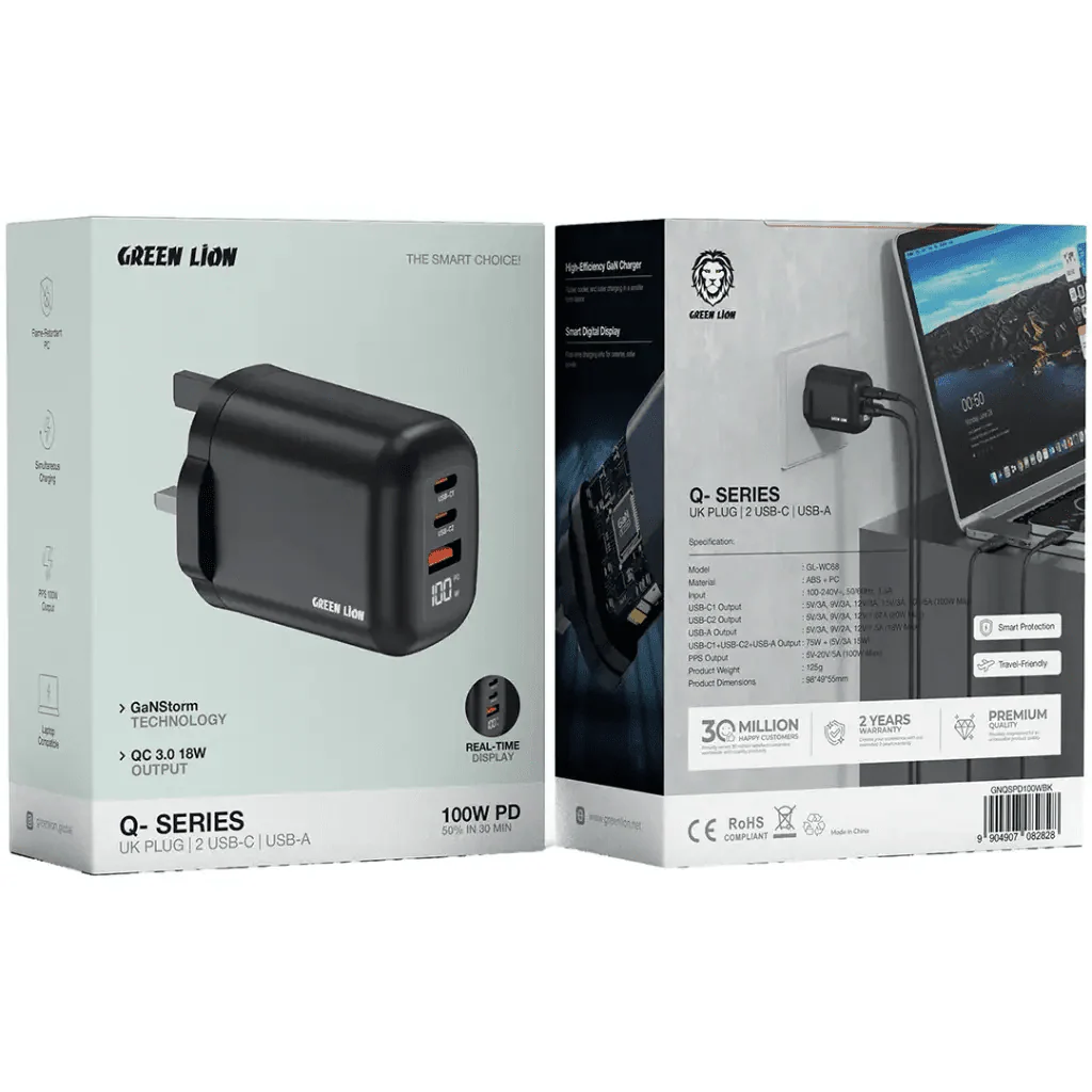 Green Lion Q Series 100W GaN Charger UK Plug 2C1A - Saif Al Najmi KwChargersGreen LionSaif Al Najmi KwGreen Lion Q Series 100W GaN Charger UK Plug 2C1A