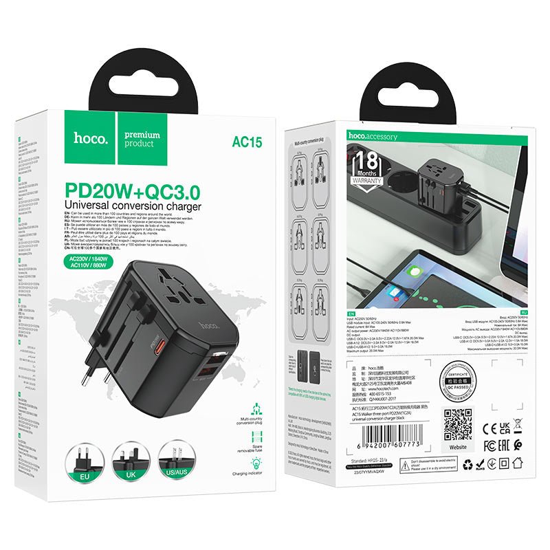 HOCO AC15 Walker Universal Travel Adapter 20W PD Charger - Saif Al Najmi KwChargersHocoSaif Al Najmi KwHOCO AC15 Walker Universal Travel Adapter 20W PD Charger