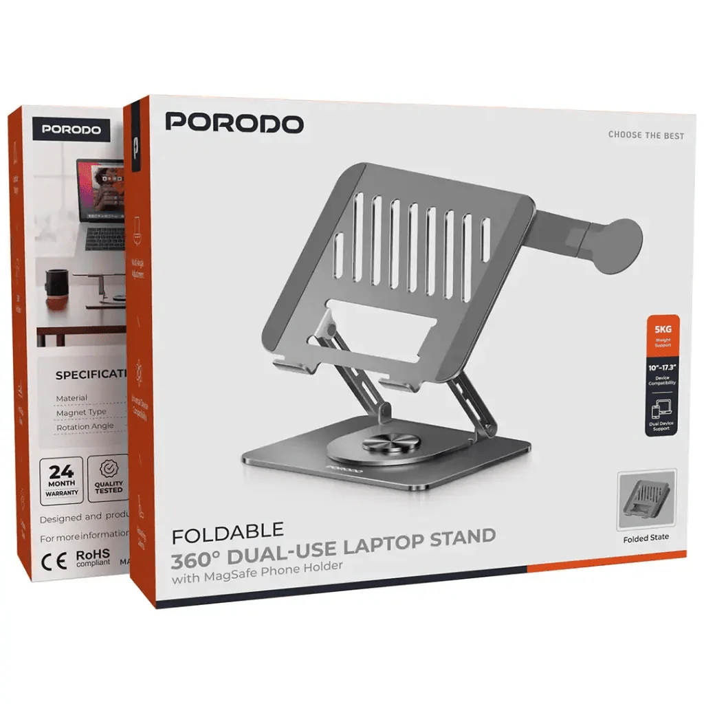 Porodo 360° Foldable Laptop Stand with MagSafe Holder Gray - Saif Al Najmi Kwlaptop standPorodoSaif Al Najmi KwPorodo 360° Foldable Laptop Stand with MagSafe Holder Gray