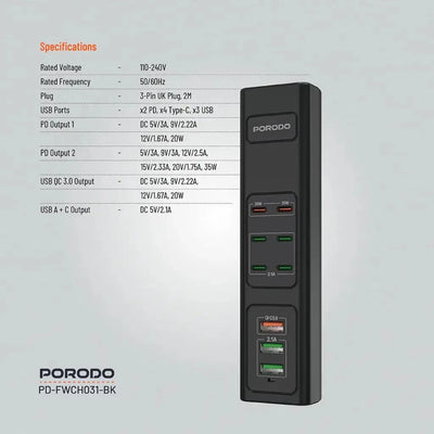 Porodo 85W Multi - Port USB Charging Hub Desktop Charger Black - Saif Al Najmi KwExtension Power SocketPorodoSaif Al Najmi KwPorodo 85W Multi - Port USB Charging Hub Desktop Charger Black