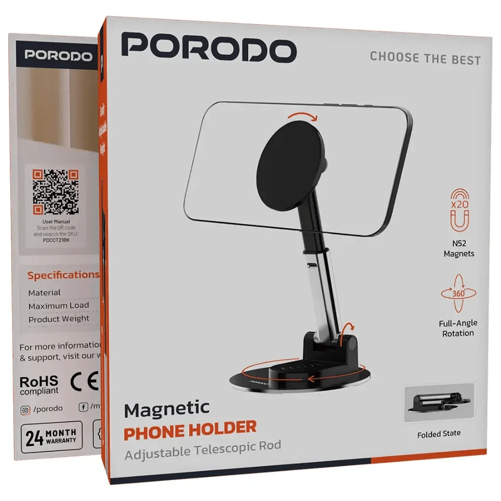 Porodo Magnetic Phone Holder with Adjustable Telescopic Rod Black - Saif Al Najmi KwPhone HolderPorodoSaif Al Najmi KwPorodo Magnetic Phone Holder with Adjustable Telescopic Rod Black