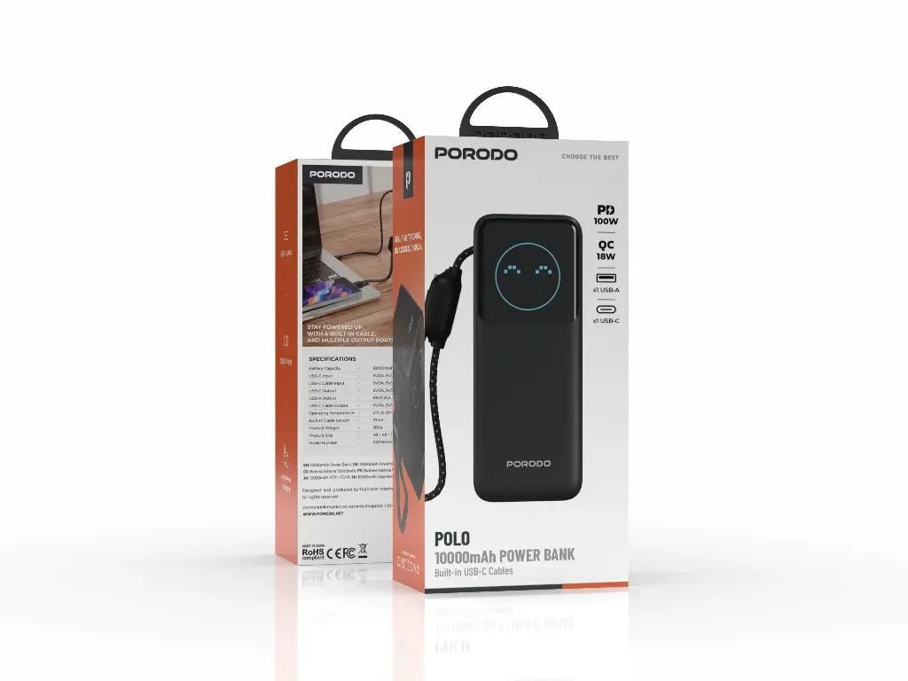 Porodo POLO 10000mAh Power Bank Built - in USB - C Cables Black - Saif Al Najmi KwPower BankPorodoSaif Al Najmi KwPorodo POLO 10000mAh Power Bank Built - in USB - C Cables Black