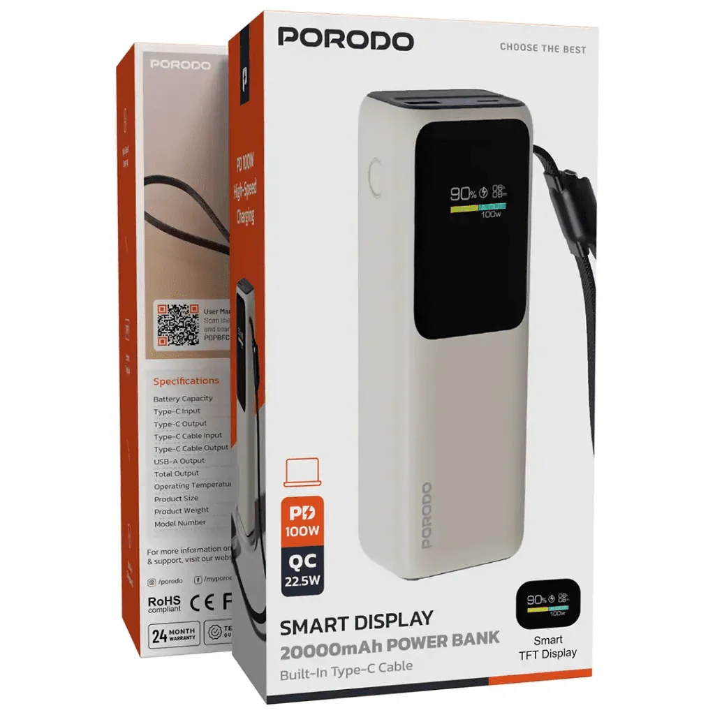 Porodo Smart Display 20000mAh Power Bank Built In Type C Beige - Saif Al Najmi KwPower BanksPorodoSaif Al Najmi KwPorodo Smart Display 20000mAh Power Bank Built In Type C Beige