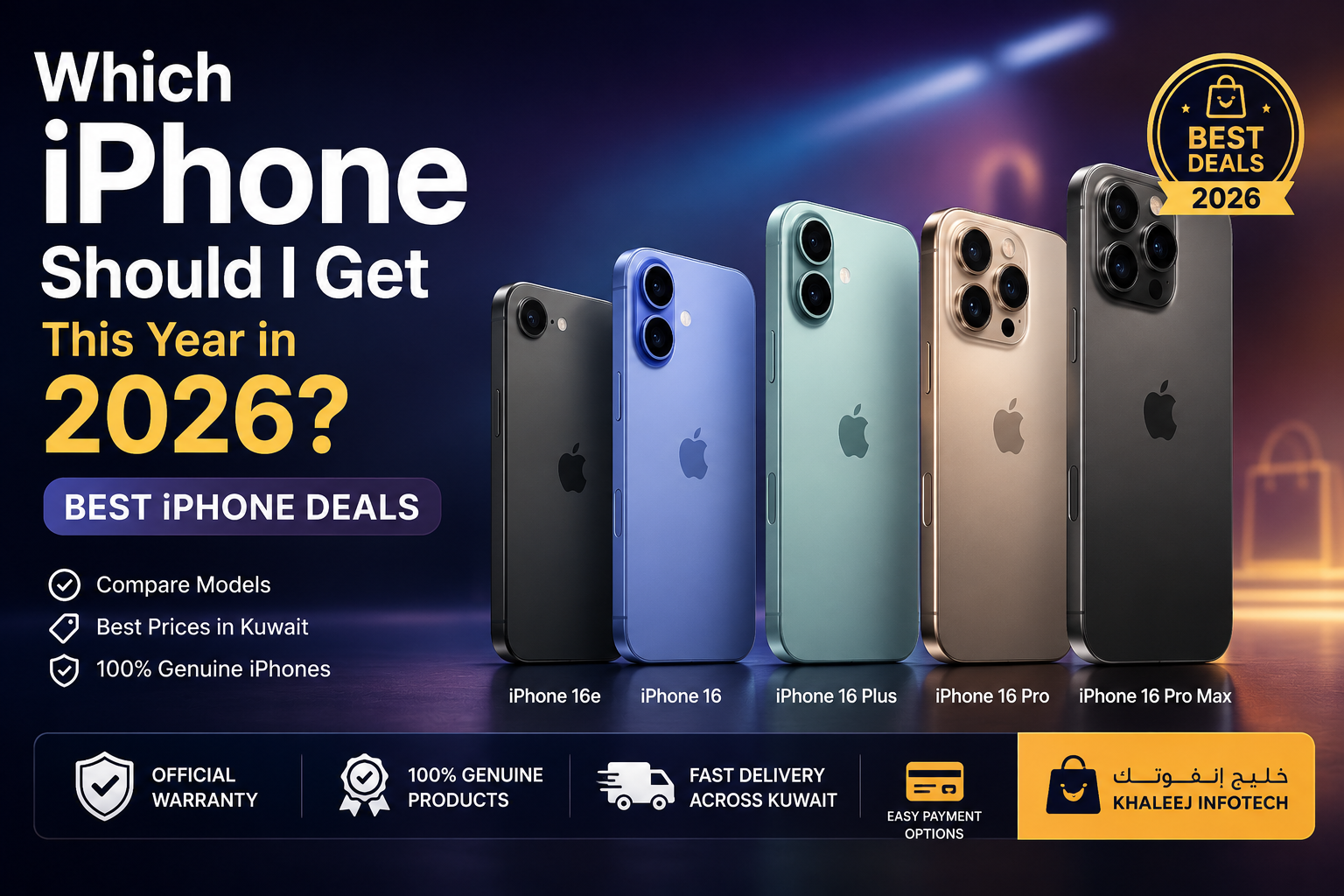 Which iPhone should I get in 2026 Compare iPhone 17, 17 Pro, 17 Pro Max, 16 Pro & more. Find the best iPhone deals in Kuwait at Khaleej Infotech