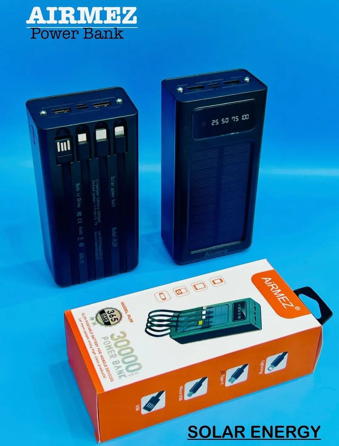 Airmez 30000mAh Solar Power Bank – High Capacity with Built-in Cables