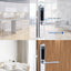 Digital door lock with slim design and waterproof feature, shown on different door types.