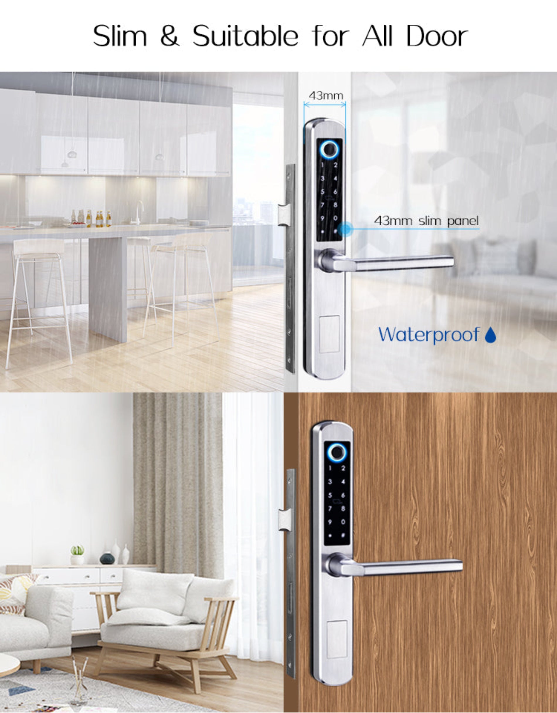 Digital door lock with slim design and waterproof feature, shown on different door types.
