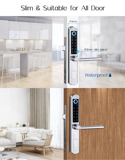 Digital door lock with slim design and waterproof feature, shown on different door types.