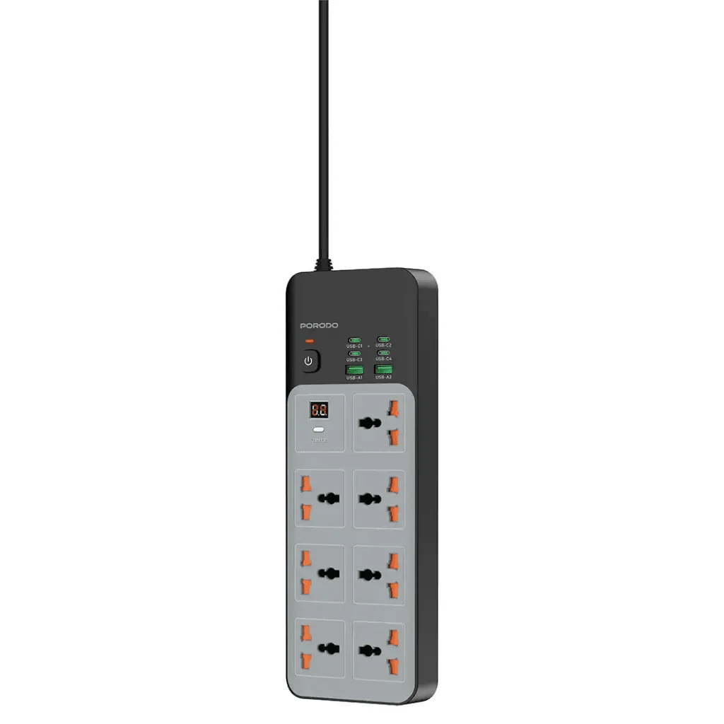 3000W Power Strip Porodo 7AC Universal 6 USB (4C+2A) Fast Charging - Gray - Saif Al Najmi KwExtension Power SocketPorodoSaif Al Najmi Kw3000W Power Strip Porodo 7AC Universal 6 USB (4C+2A) Fast Charging - Gray