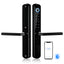 Black digital door lock with smartphone app interface on a white background