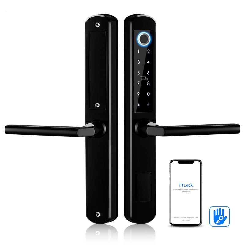 Black digital door lock with smartphone app interface on a white background