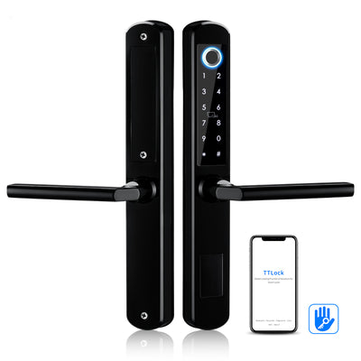 Black digital door lock with smartphone app interface on a white background