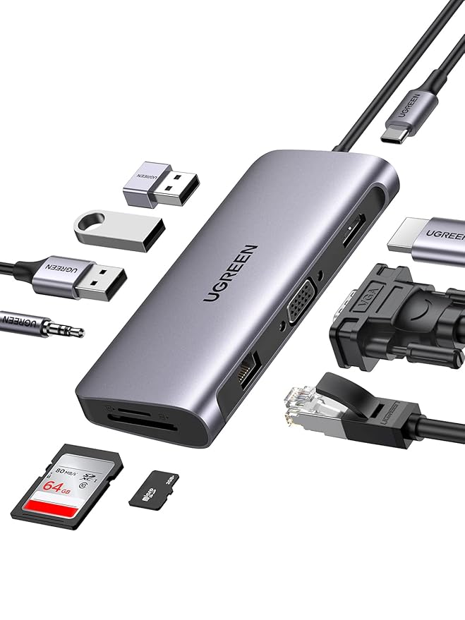 محول يوجرين، USB-C إلى 2x USB 3.0، HDMI 4K30Hz، RJ45، SD/TF (CM512 90568)
