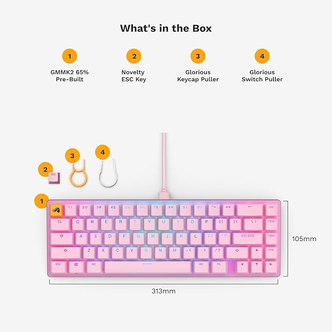Glorious GMMK2 65% Pre-Built ANSI USA Wired RGB Mechanical Gaming Keyboard - Pink