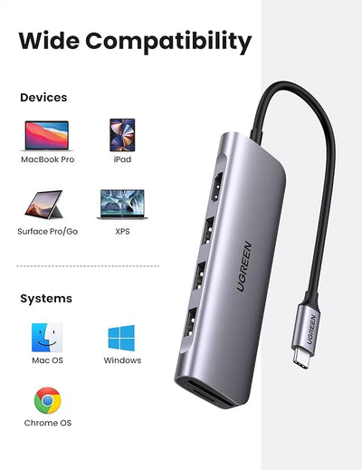 UGreen 6 in 1 Multifunctional USB HUB Type C - 3x USB 3.2 Gen 1 / HDMI 4K 60Hz / SD and TF card Reader Gray (60383 CM511)