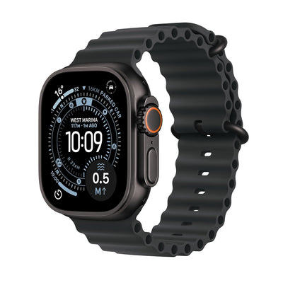 ساعة أبل ألترا 3 - شاشة LTPO OLED / سعة 64 جيجابايت / مقاس 49 مم / بلوتوث / واي فاي / اتصال خلوي / هيكل من التيتانيوم الأسود مع سوار أسود أوشن