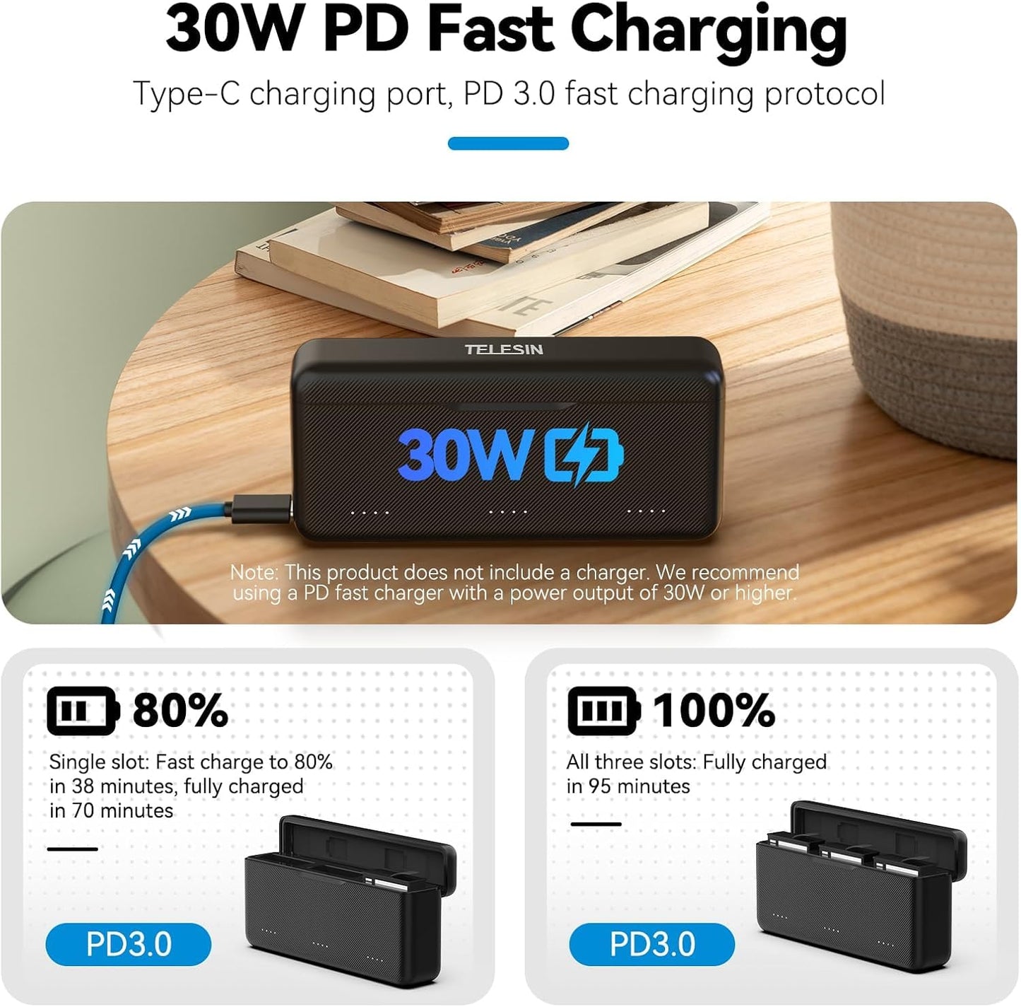 شاحن بطاريات تيليسين ثلاثي الفتحات لكاميرا DJI Osmo Action 5 Pro - أسود