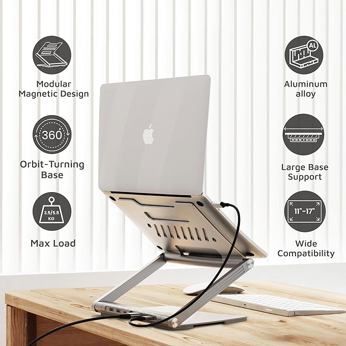 Levelo AeroLink Laptop Stand With Built-In Portable 7 In 1 Hub - Silver