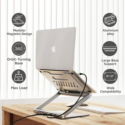 Levelo AeroLink Laptop Stand With Built-In Portable 7 In 1 Hub - Silver