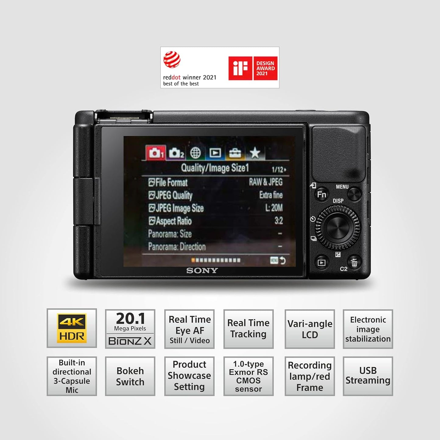 كاميرا سوني ZV-1 II الرقمية - شاشة LCD قابلة للطي تعمل باللمس مقاس 3 بوصات / أسود