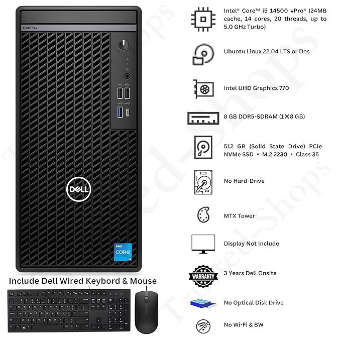 Dell OptiPlex 7020 Tower - i5 / 8GB / 512GB (NVMe M.2 SSD) / DOS (Without OS) / 1YW - Desktop PC