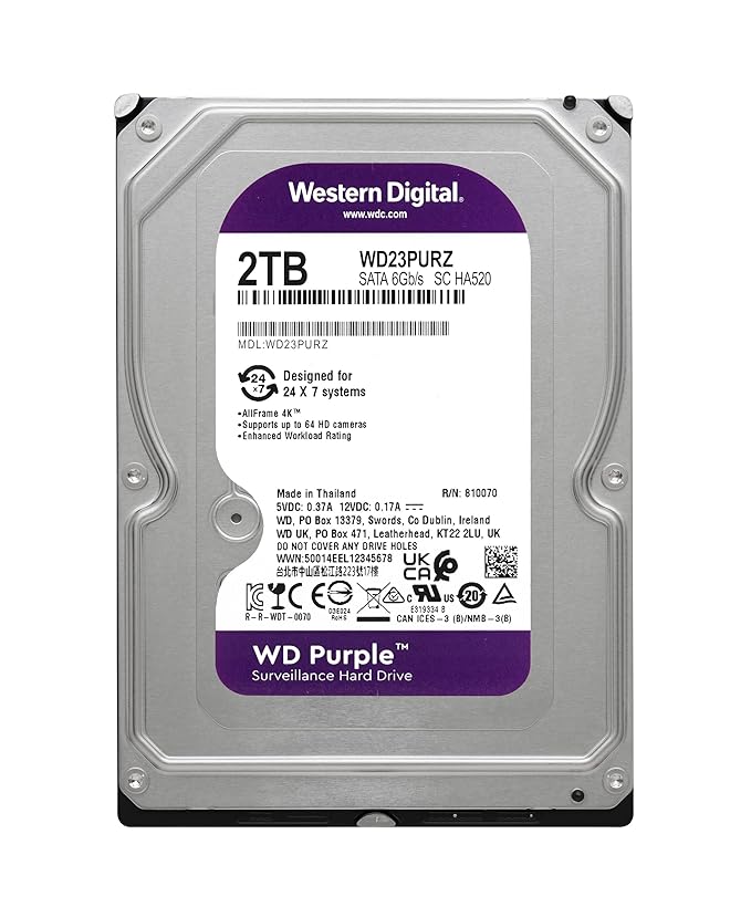 WD Purple Surveillance Hard Drive - 2TB / SATA / Up to 175MB/s - Internal Hard Drive