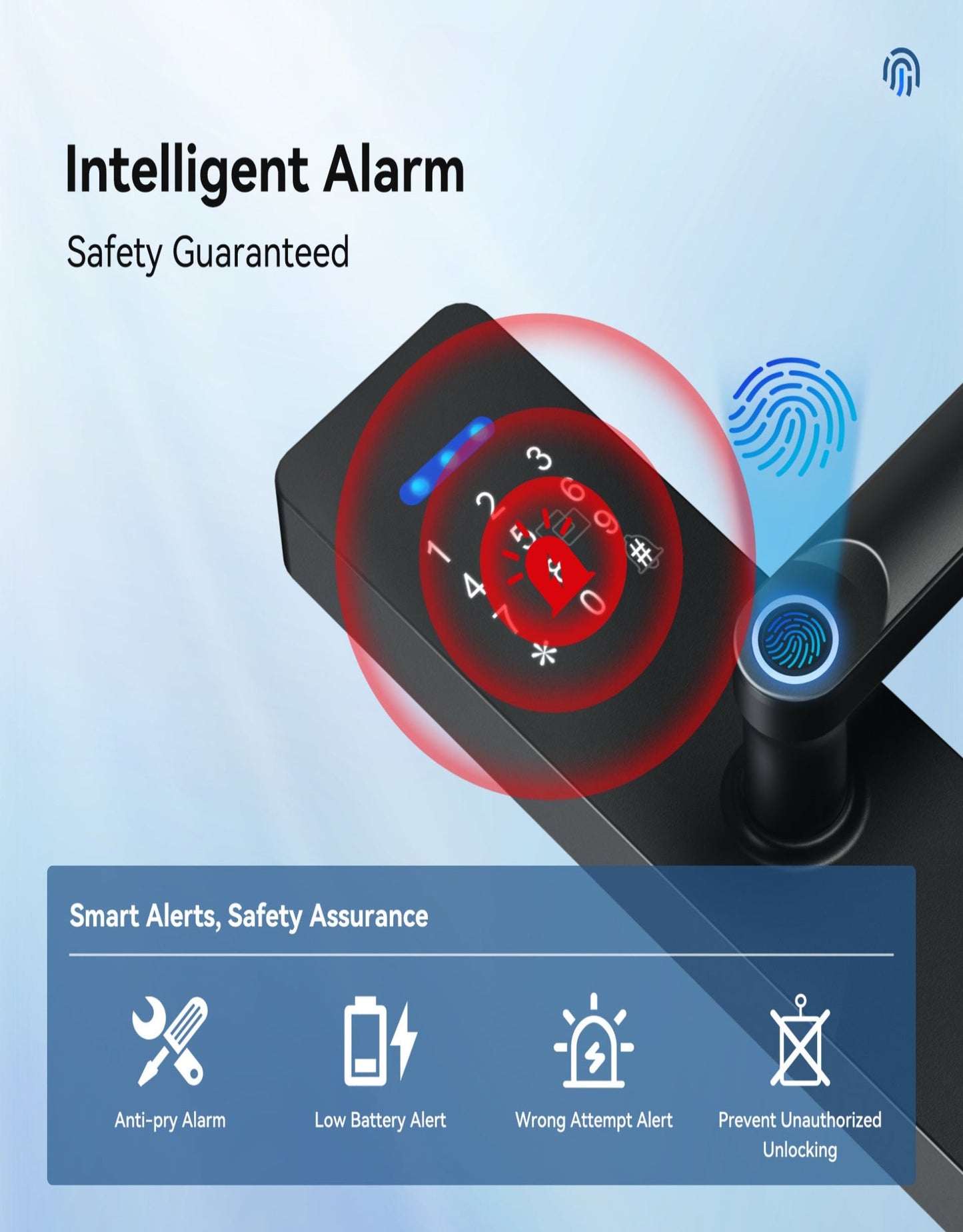 Intelligent alarm system with fingerprint sensor on a blue background