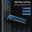 Modern door handle with digital keypad on a black background, featuring text about durability and features.