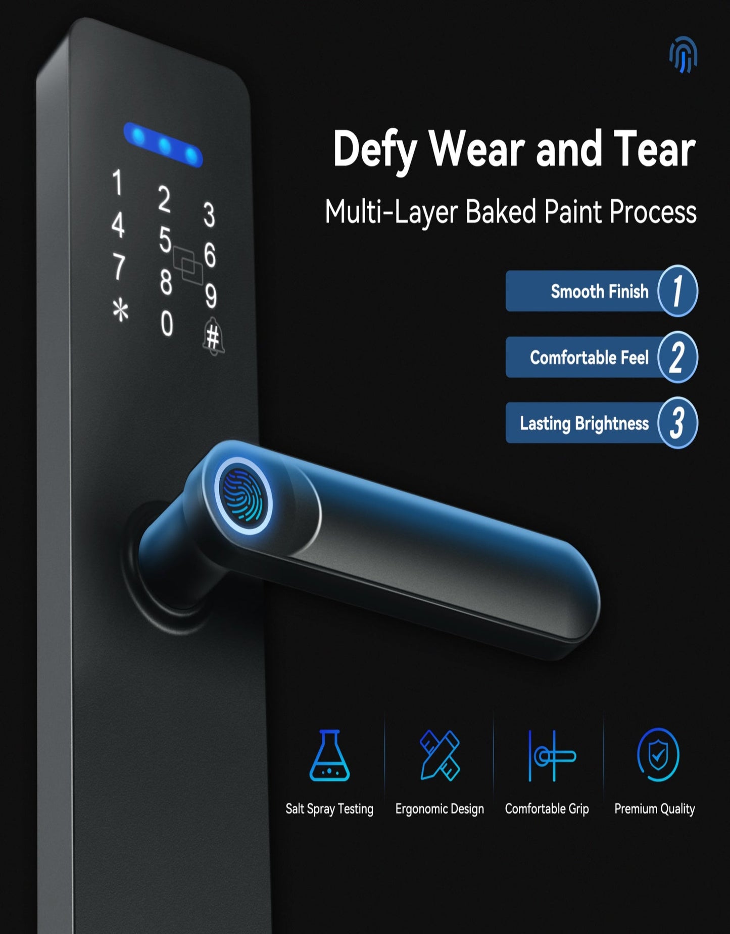 Modern door handle with digital keypad on a black background, featuring text about durability and features.