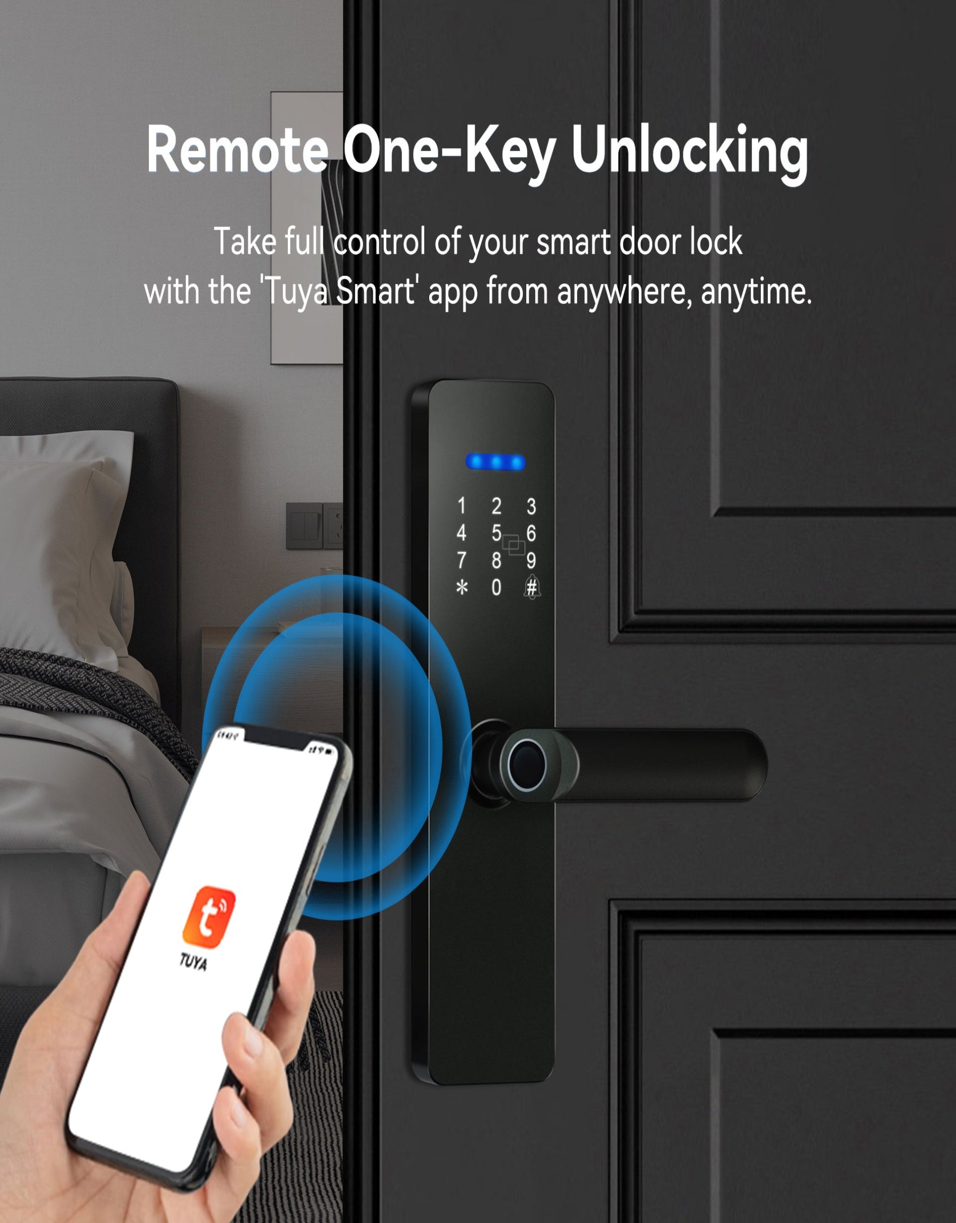 Smart door lock with remote one-key unlocking feature using Tuya Smart app.