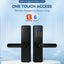 Smart fingerprint door lock with digital keypad on a light blue background, featuring Tuya Smart and TTLock logos.