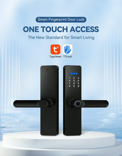 Smart fingerprint door lock with digital keypad on a light blue background, featuring Tuya Smart and TTLock logos.