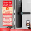 Smart lock with digital display and smartphone app interface on a gray door.