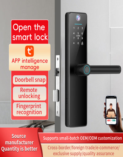 Smart lock with digital display and smartphone app interface on a gray door.
