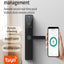 Smart door lock with Tuya app interface on a smartphone, featuring remote unlocking and recording functionalities.