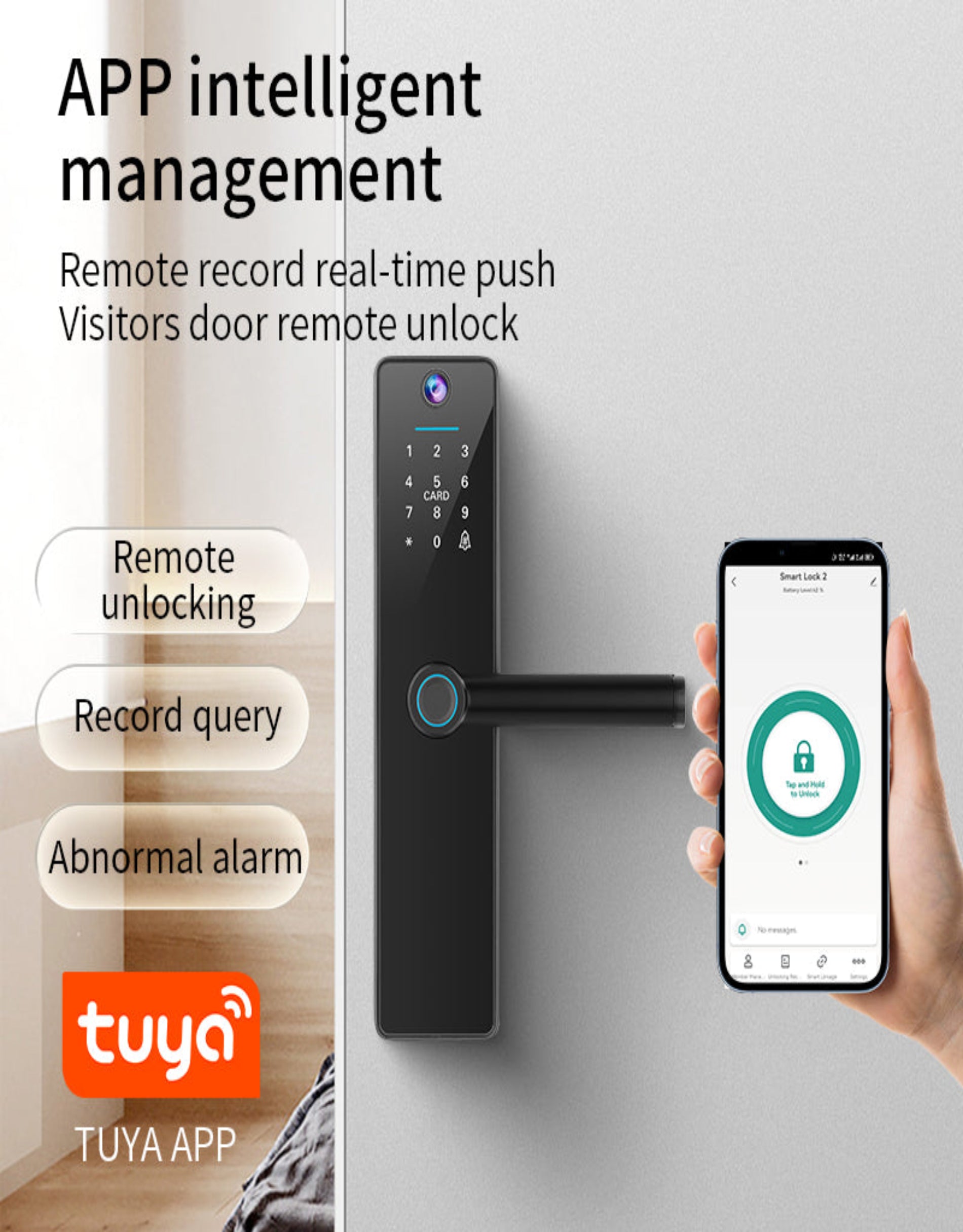 Smart door lock with Tuya app interface on a smartphone, featuring remote unlocking and recording functionalities.