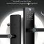 Smart door lock with digital display and fingerprint recognition on a dark background