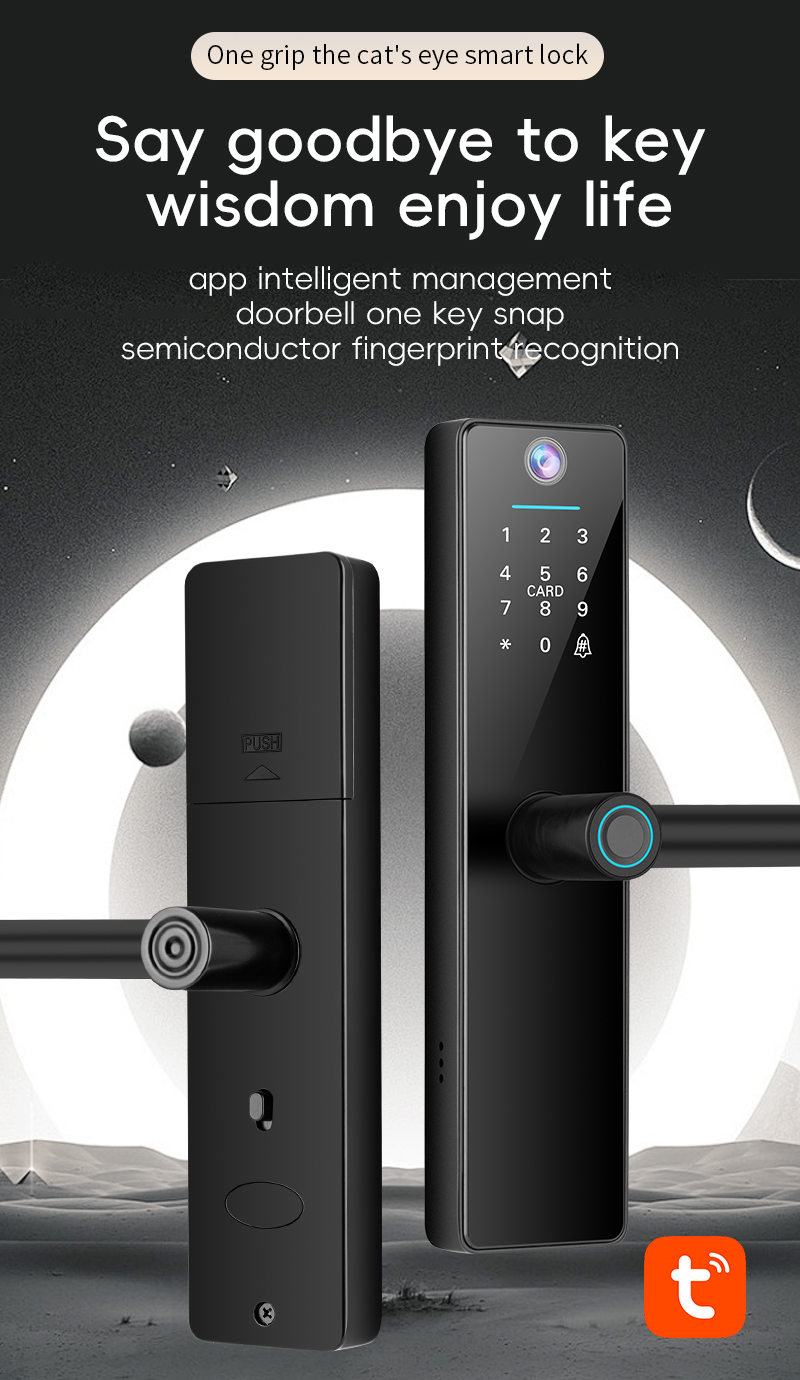 Smart door lock with digital display and fingerprint recognition on a dark background