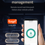Smart lock app interface on a phone held by a hand, with Tuya logo and text about app intelligent management.