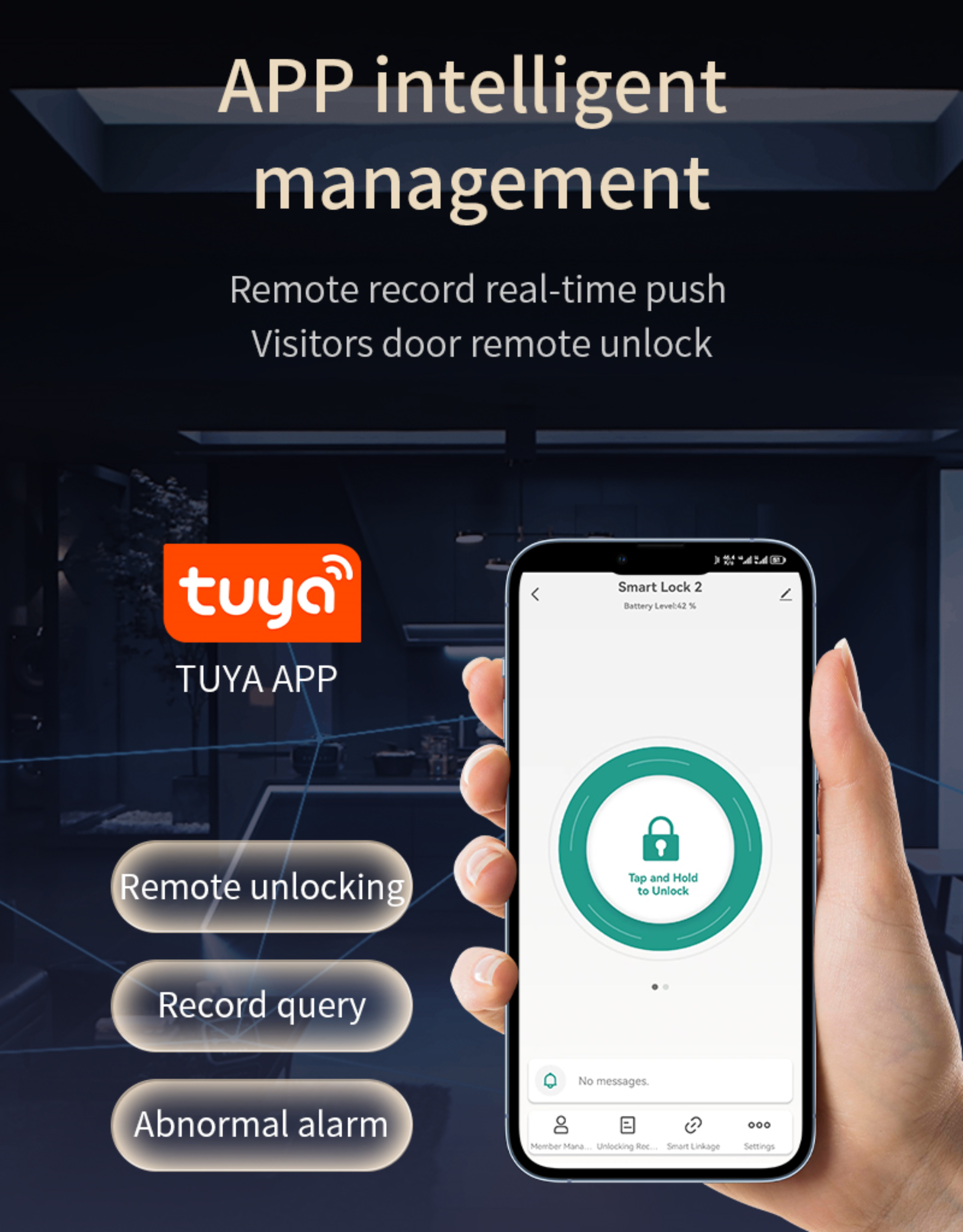 Smart lock app interface on a phone held by a hand, with Tuya logo and text about app intelligent management.