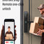 Smart doorbell system with smartphone app showing a delivery person, and a person unlocking a door with a key fob.