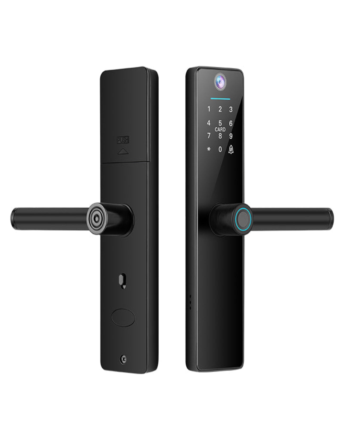 Black electronic door lock with digital keypad on a white background