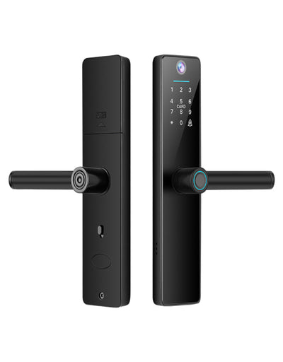 Black electronic door lock with digital keypad on a white background