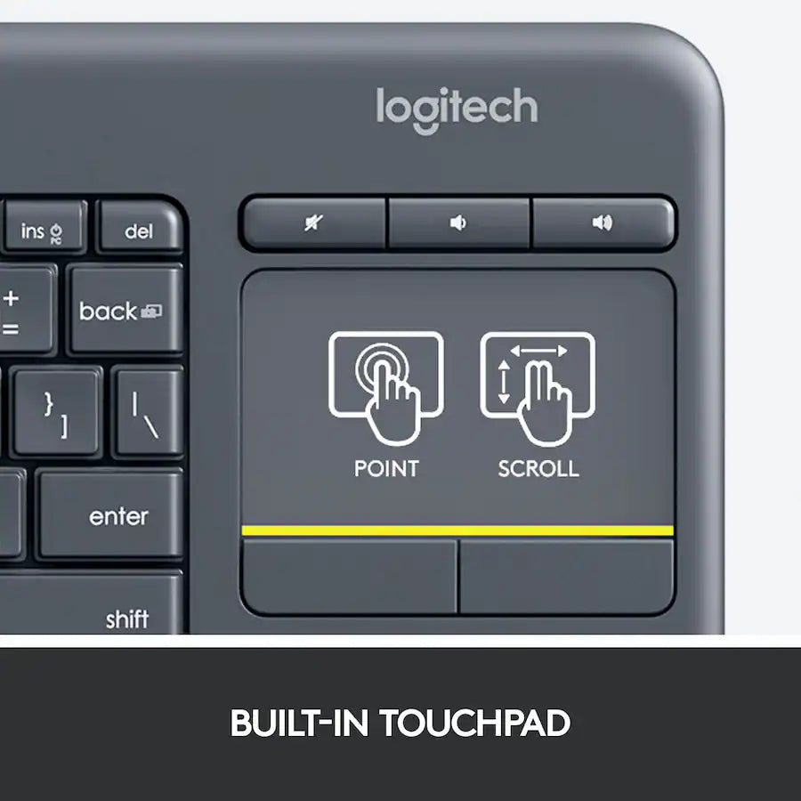 Logitech K400 Plus Wireless Touch Keyboard - 2.40GHz / Up to 10m / Wi-Fi / Black - Keyboard